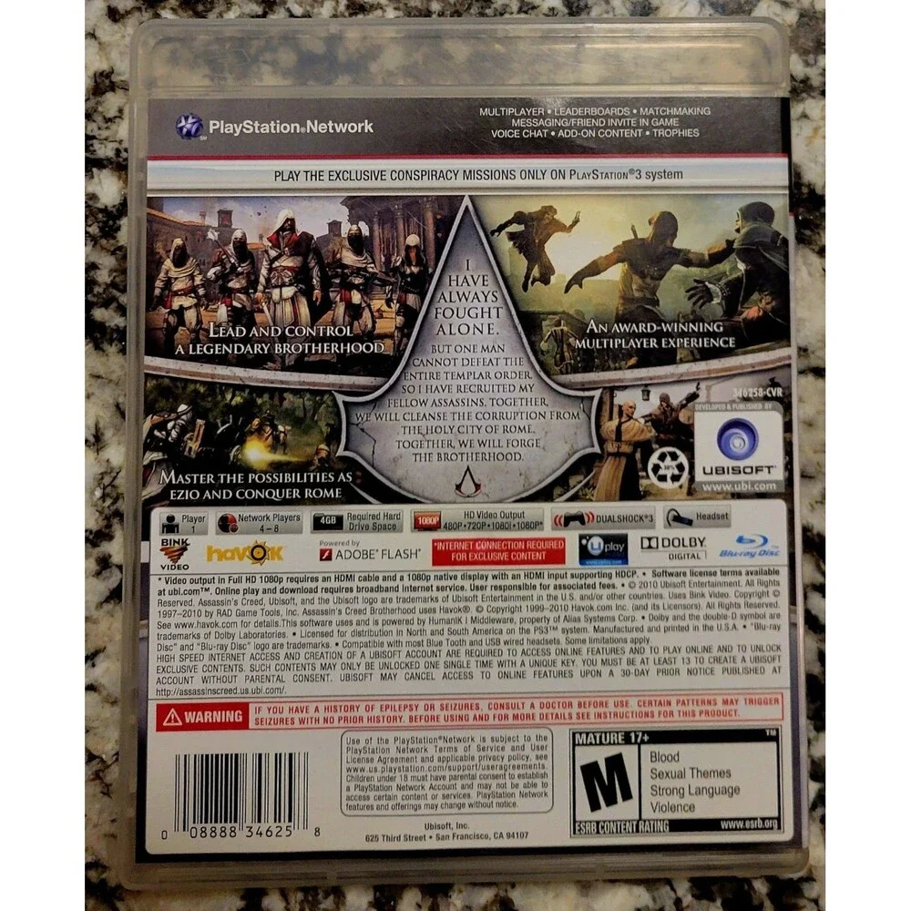 Assassin's Creed: Brotherhood (Sony PlayStation 3, 2010) NO MANUAL, CLN DISC